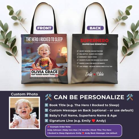 Personalized Superhero Baby Tote Bag – Wonder Woman Design with Custom Photo & Name